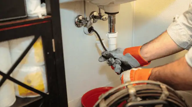 Drain cleaning technician using a motorized plumbing snake to clear a clogged sink pipe in Louisville, KY